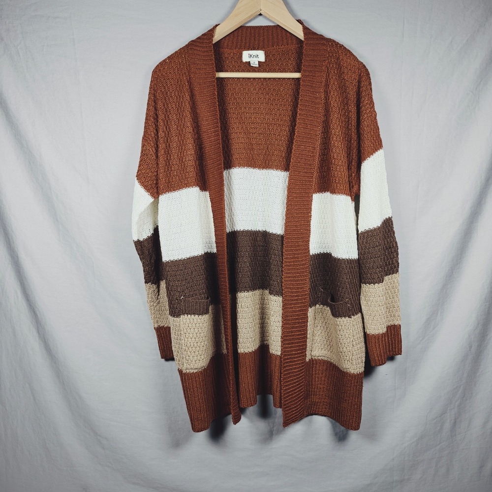 i Knit Colorblock Open Front Cardigan Sweater Small Brown Beige‎ White Knit